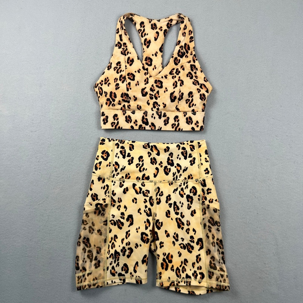 NWT Fabletics 2 Piece Activewear Set Womens S Tan Leopard Print Biker Shorts Gym